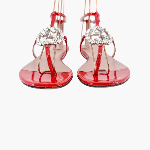 Gucci Crystal GG Interlock T-Strap Sandals EU 37 US 7 Red Patent Flat Logo Thong - Picture 6 of 13